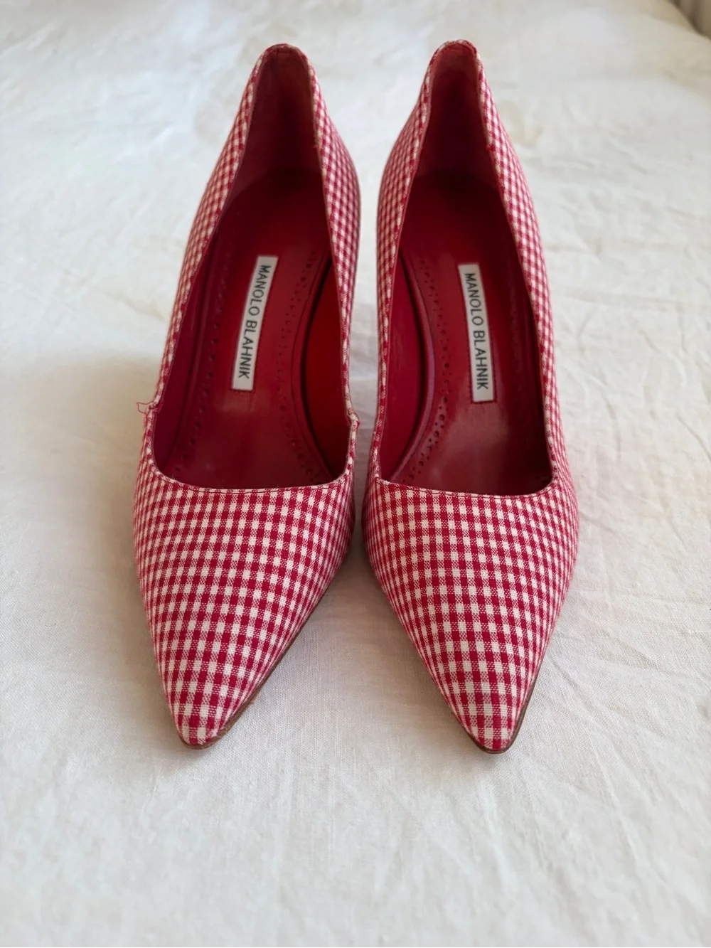 Manolo Blahnik Gingham Pointy Toe Heels Red White